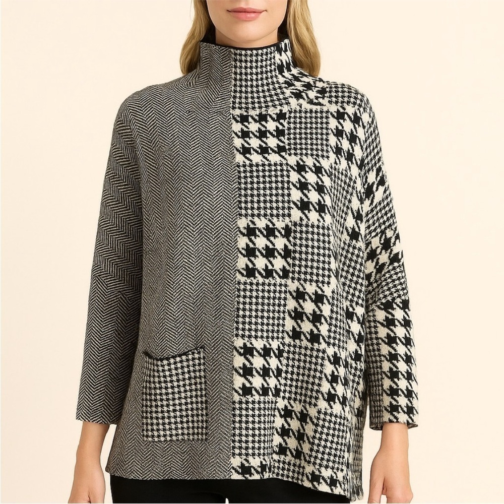 Joseph Ribkoff • White and Black Houndstooth Patchwork Patterned Sweater